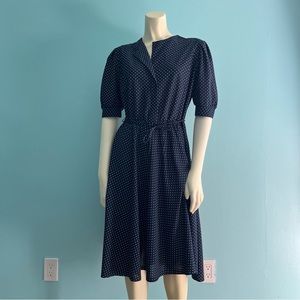 VINTAGE 70s Franky B Vintage Navy White Polka Dot Midi Dress